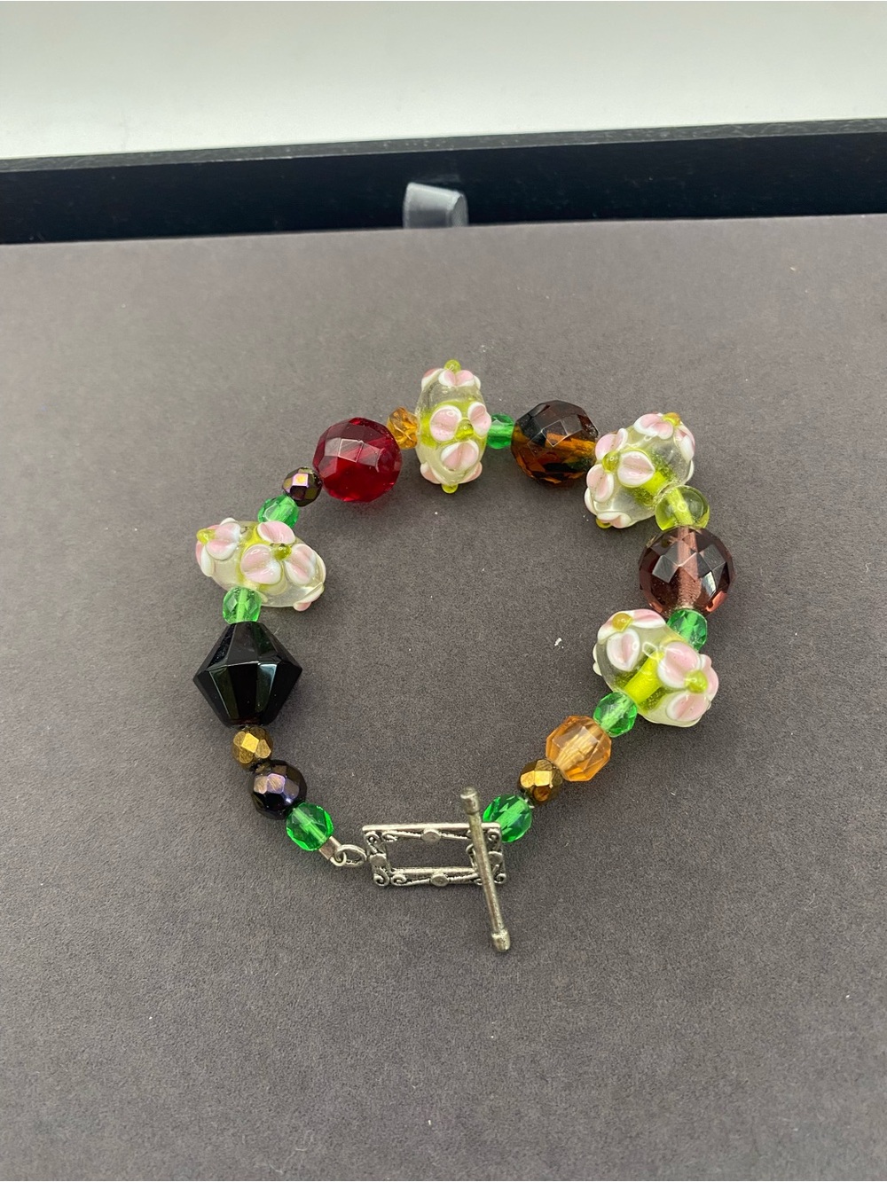 Floral Lampwork Glass Bead Bracelet in Green, Pink and Amber